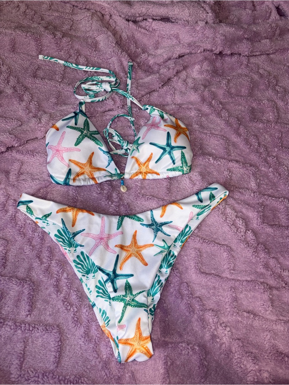 NWOT Starfish Print Women's Bikini Set - White with Multicolor Starfish
